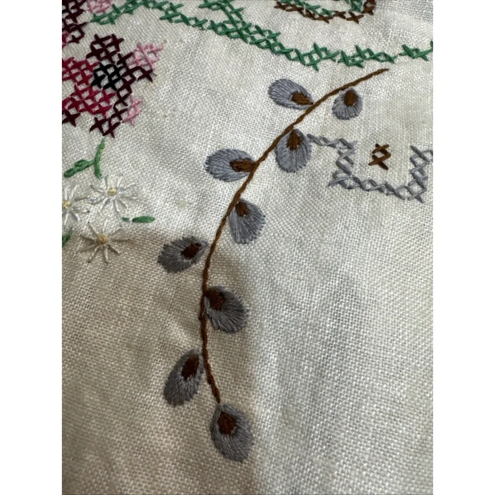VTG Linen Hand Embroidered Cross Stitch Tablecloth Floral 54x68